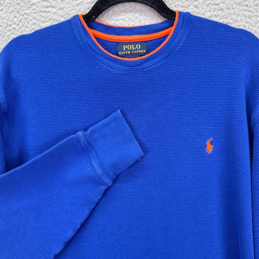 Polo Ralph Lauren Shirt Mens XL Blue Waffle Knit Thermal Long Sleeve Orange Pony